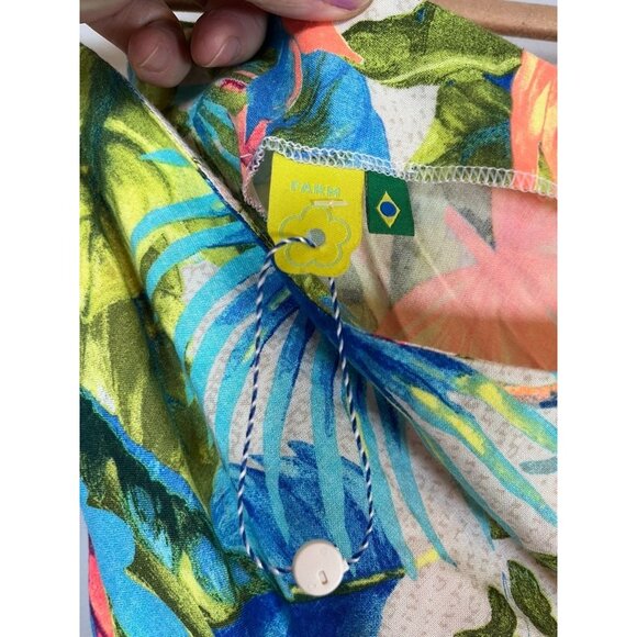 Farm Rio Dress L Orange Tropical Hi Lo Maxi One Shoulder Strap Blue Side Split G - Picture 7 of 15